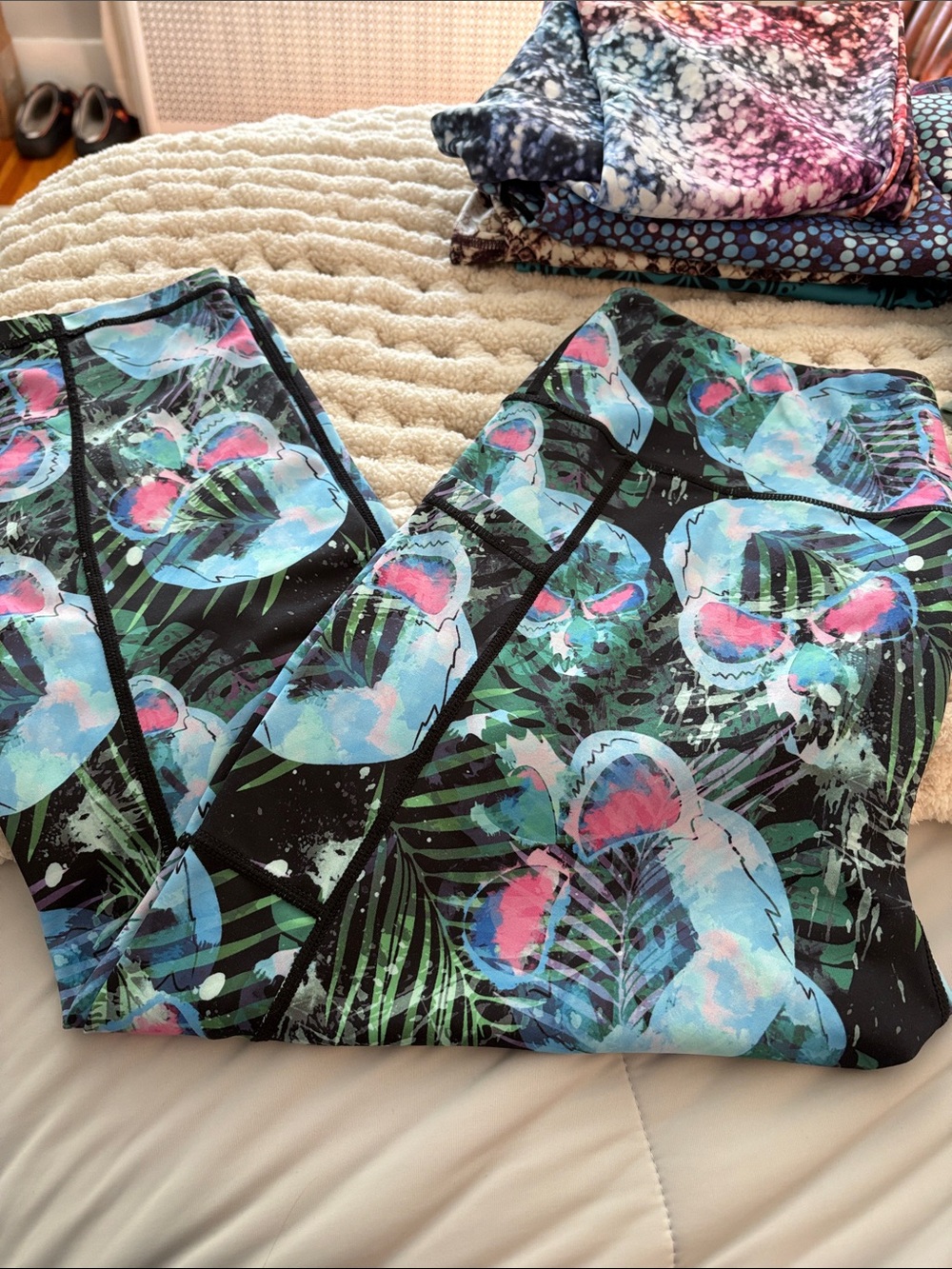 Floral Tropical Print Capri Leggings — Black Base with Blue & Pink Flowers